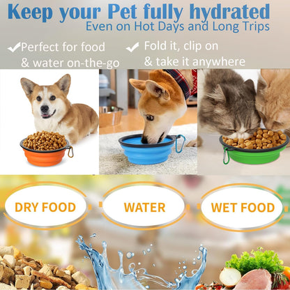 Collapsible Dog Bowls [3 Pack] 20 oz, Travel Dog Bowls, Pet Bowl Portable Foldable Water Food Feeding Dishes with Carabiner Clip for Traveling Hiking Walking-Red & Orange & Yellow