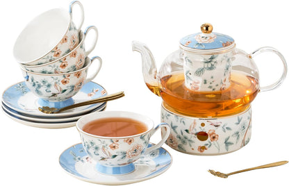 Porcelain Tea Set, Blue Floral Series, 4 Cups and Saucers with Teapot, Warmer, Filter and Spoon, 16 Pieces