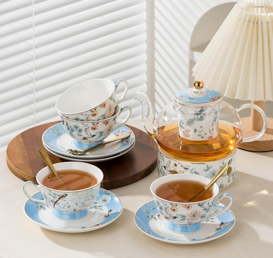 Porcelain Tea Set, Blue Floral Series, 4 Cups and Saucers with Teapot, Warmer, Filter and Spoon, 16 Pieces