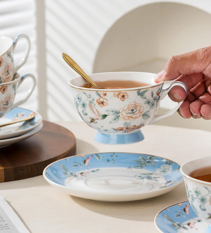 Porcelain Tea Set, Blue Floral Series, 4 Cups and Saucers with Teapot, Warmer, Filter and Spoon, 16 Pieces