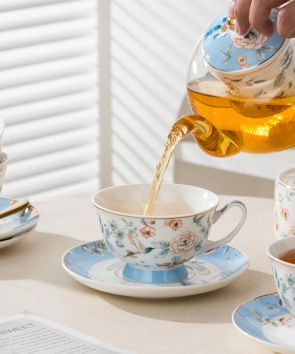 Porcelain Tea Set, Blue Floral Series, 4 Cups and Saucers with Teapot, Warmer, Filter and Spoon, 16 Pieces
