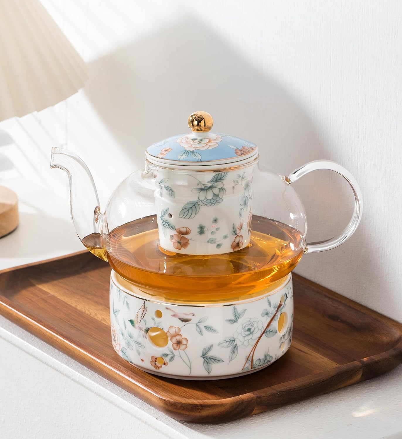 Porcelain Tea Set, Blue Floral Series, 4 Cups and Saucers with Teapot, Warmer, Filter and Spoon, 16 Pieces