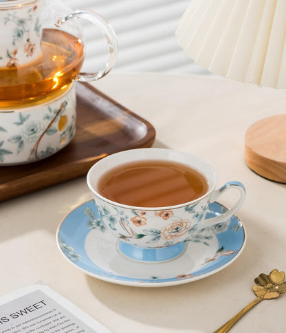 Porcelain Tea Set, Blue Floral Series, 4 Cups and Saucers with Teapot, Warmer, Filter and Spoon, 16 Pieces