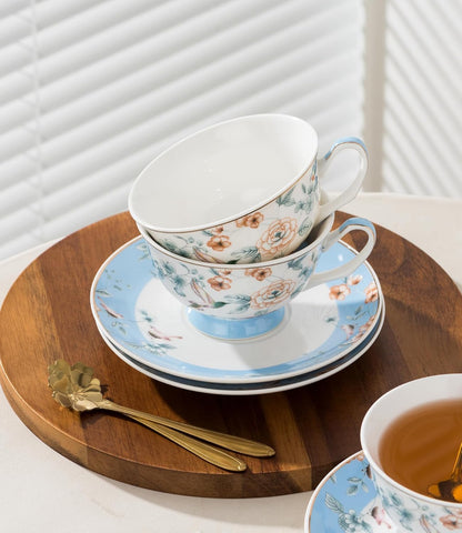 Porcelain Tea Set, Blue Floral Series, 4 Cups and Saucers with Teapot, Warmer, Filter and Spoon, 16 Pieces