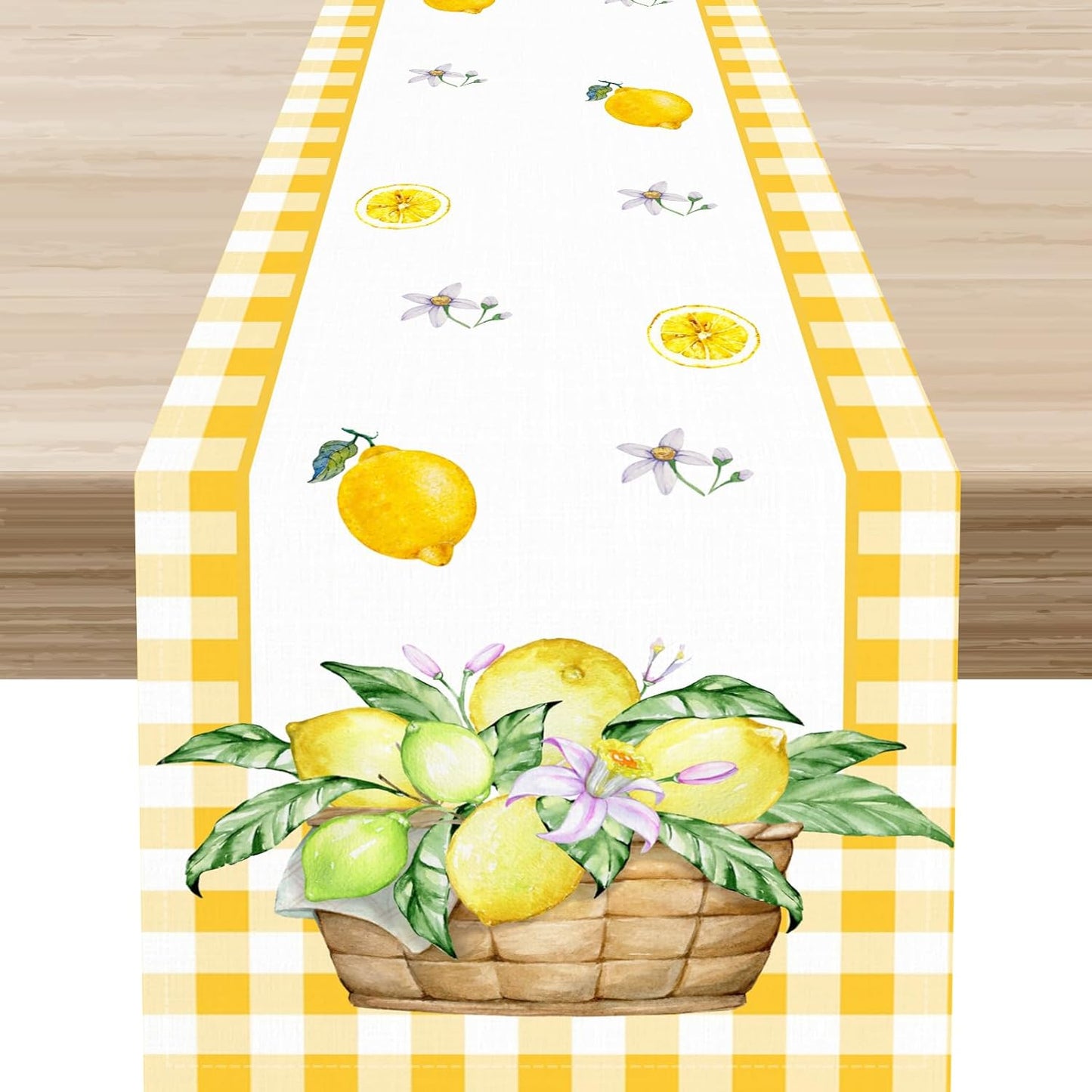 Yellow Lemon Summer Table Runner, Rustic Grid Seasonal Floral Leaves Spring Fruit Coffee Table Center Deco, for Home Kitchen Dining Room and Living Room Outdoor Country Table Decorations, 13" X 36"