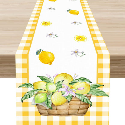 Yellow Lemon Summer Table Runner, Rustic Grid Seasonal Floral Leaves Spring Fruit Coffee Table Center Deco, for Home Kitchen Dining Room and Living Room Outdoor Country Table Decorations, 13" X 36"