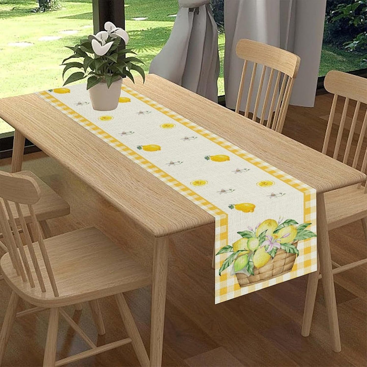 Yellow Lemon Summer Table Runner, Rustic Grid Seasonal Floral Leaves Spring Fruit Coffee Table Center Deco, for Home Kitchen Dining Room and Living Room Outdoor Country Table Decorations, 13" X 36"