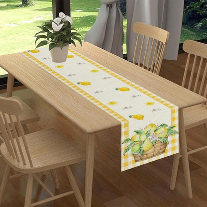 Yellow Lemon Summer Table Runner, Rustic Grid Seasonal Floral Leaves Spring Fruit Coffee Table Center Deco, for Home Kitchen Dining Room and Living Room Outdoor Country Table Decorations, 13" X 36"