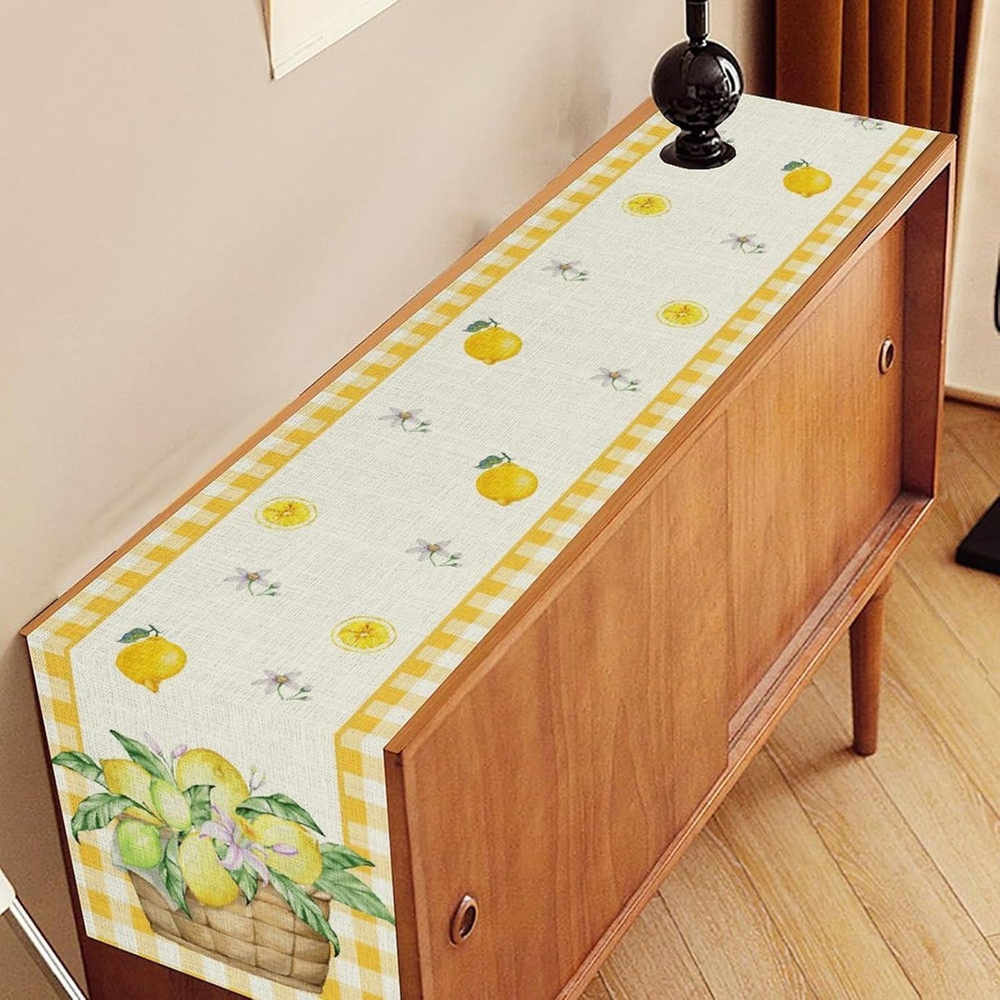 Yellow Lemon Summer Table Runner, Rustic Grid Seasonal Floral Leaves Spring Fruit Coffee Table Center Deco, for Home Kitchen Dining Room and Living Room Outdoor Country Table Decorations, 13" X 36"