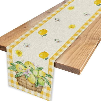 Yellow Lemon Summer Table Runner, Rustic Grid Seasonal Floral Leaves Spring Fruit Coffee Table Center Deco, for Home Kitchen Dining Room and Living Room Outdoor Country Table Decorations, 13" X 36"