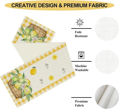 Yellow Lemon Summer Table Runner, Rustic Grid Seasonal Floral Leaves Spring Fruit Coffee Table Center Deco, for Home Kitchen Dining Room and Living Room Outdoor Country Table Decorations, 13" X 36"