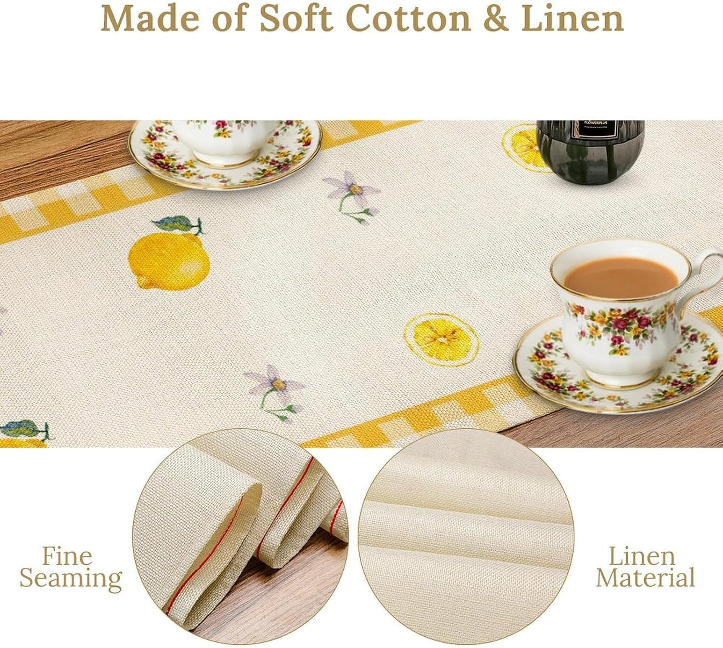 Yellow Lemon Summer Table Runner, Rustic Grid Seasonal Floral Leaves Spring Fruit Coffee Table Center Deco, for Home Kitchen Dining Room and Living Room Outdoor Country Table Decorations, 13" X 36"