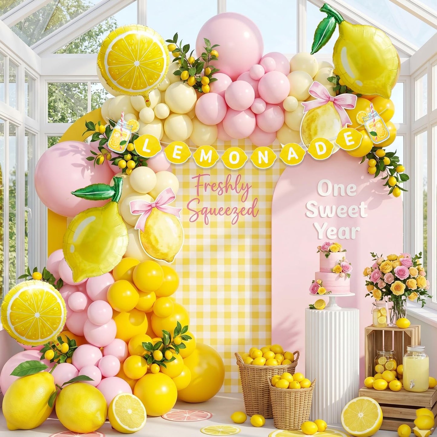 Lemonade Party Decorations Balloon Arch Kit with Lemon Banner, Pink Yellow Lemon Balloons for Summer Birthday, Lemon Baby Shower Decor, Freshly Graduated Lemon Decor,Amalfi Coast Citrus Party Supplies