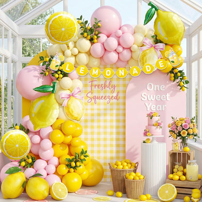 Lemonade Party Decorations Balloon Arch Kit with Lemon Banner, Pink Yellow Lemon Balloons for Summer Birthday, Lemon Baby Shower Decor, Freshly Graduated Lemon Decor,Amalfi Coast Citrus Party Supplies
