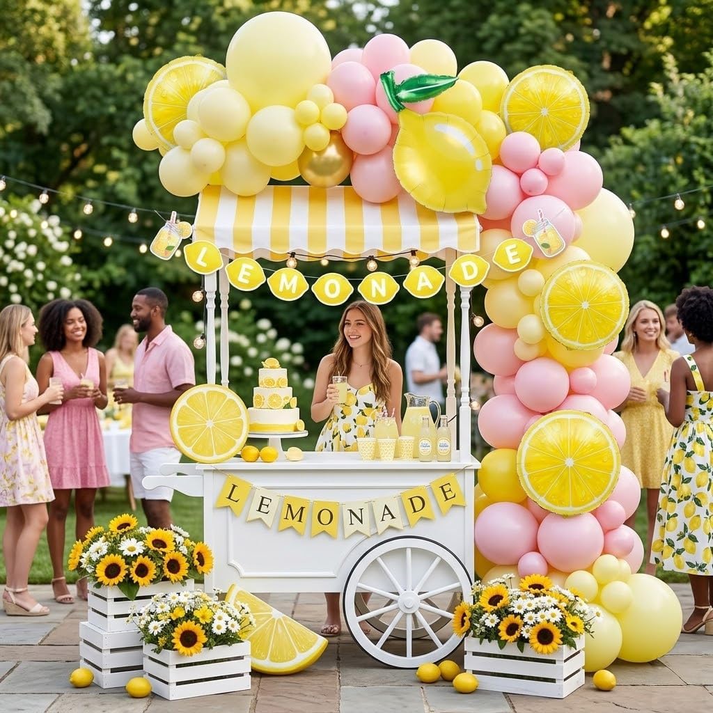 Lemonade Party Decorations Balloon Arch Kit with Lemon Banner, Pink Yellow Lemon Balloons for Summer Birthday, Lemon Baby Shower Decor, Freshly Graduated Lemon Decor,Amalfi Coast Citrus Party Supplies