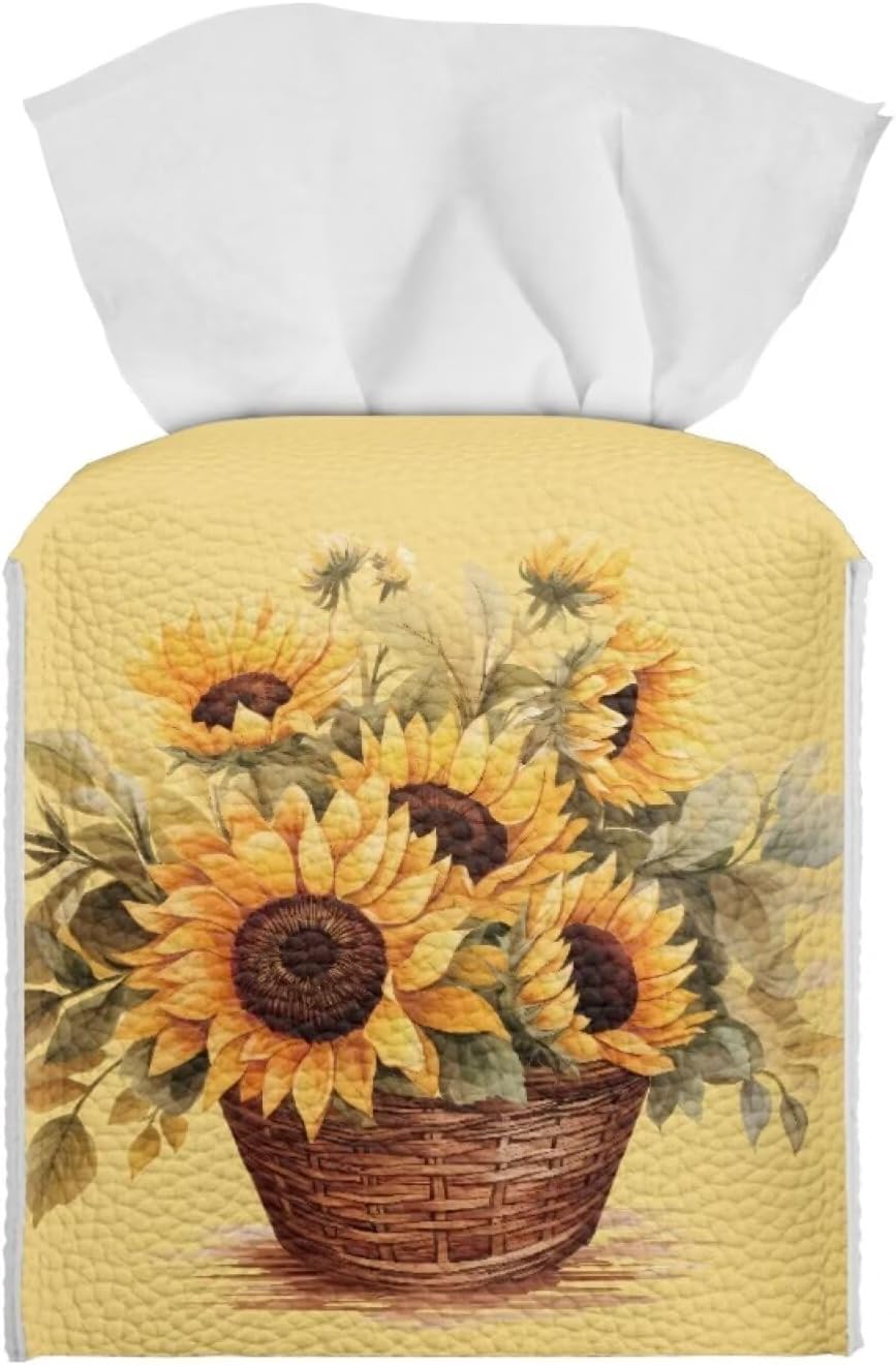Sunflower Print Tissue Cover Novelty Case Box with Bottom Belt Tissue Box Holder Square Tissue Dispenser Box Novelty for Bathroom Office Parlor Yellow