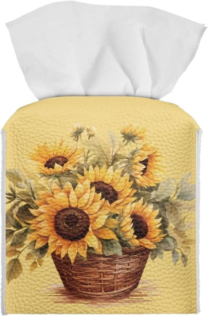 Sunflower Print Tissue Cover Novelty Case Box with Bottom Belt Tissue Box Holder Square Tissue Dispenser Box Novelty for Bathroom Office Parlor Yellow