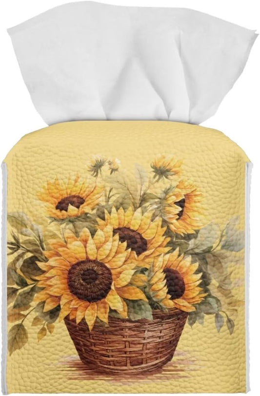 Sunflower Print Tissue Cover Novelty Case Box with Bottom Belt Tissue Box Holder Square Tissue Dispenser Box Novelty for Bathroom Office Parlor Yellow