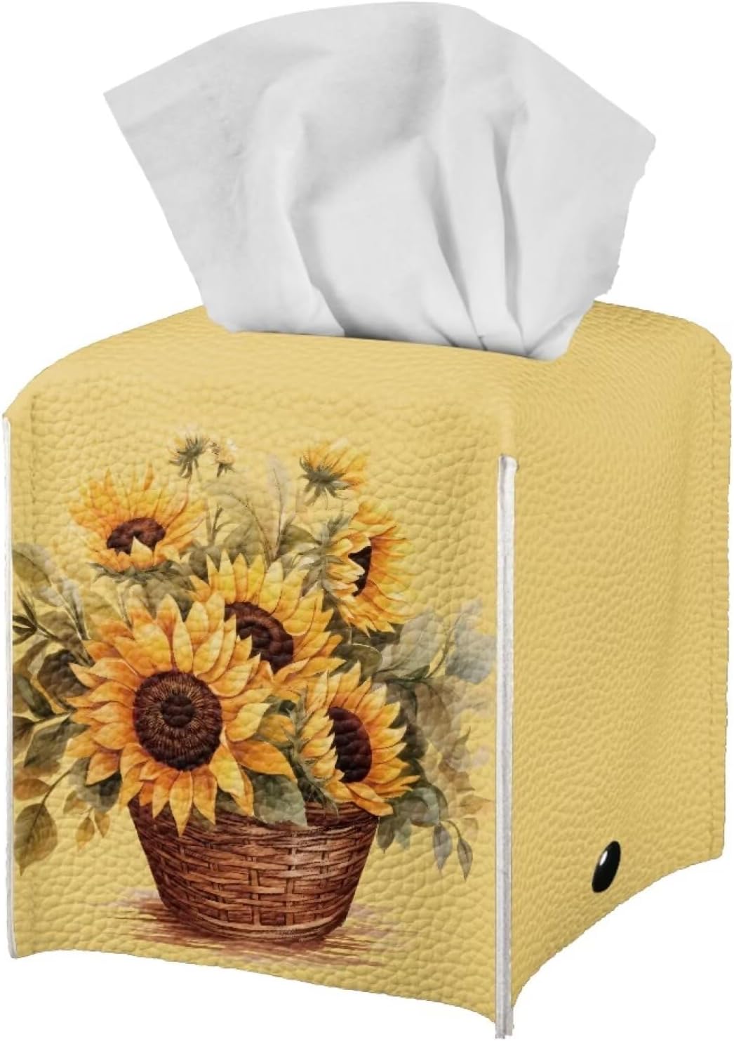 Sunflower Print Tissue Cover Novelty Case Box with Bottom Belt Tissue Box Holder Square Tissue Dispenser Box Novelty for Bathroom Office Parlor Yellow