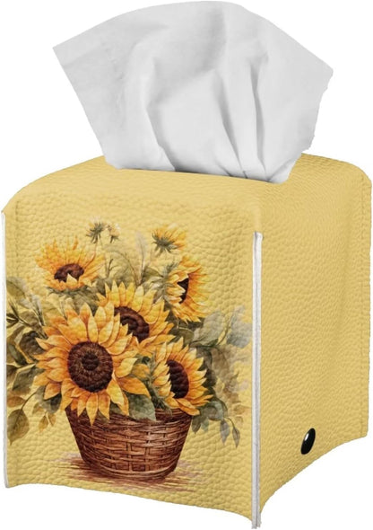 Sunflower Print Tissue Cover Novelty Case Box with Bottom Belt Tissue Box Holder Square Tissue Dispenser Box Novelty for Bathroom Office Parlor Yellow