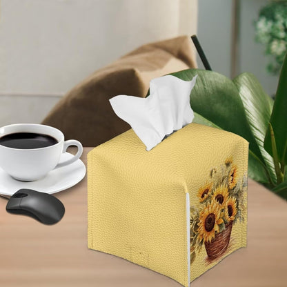 Sunflower Print Tissue Cover Novelty Case Box with Bottom Belt Tissue Box Holder Square Tissue Dispenser Box Novelty for Bathroom Office Parlor Yellow