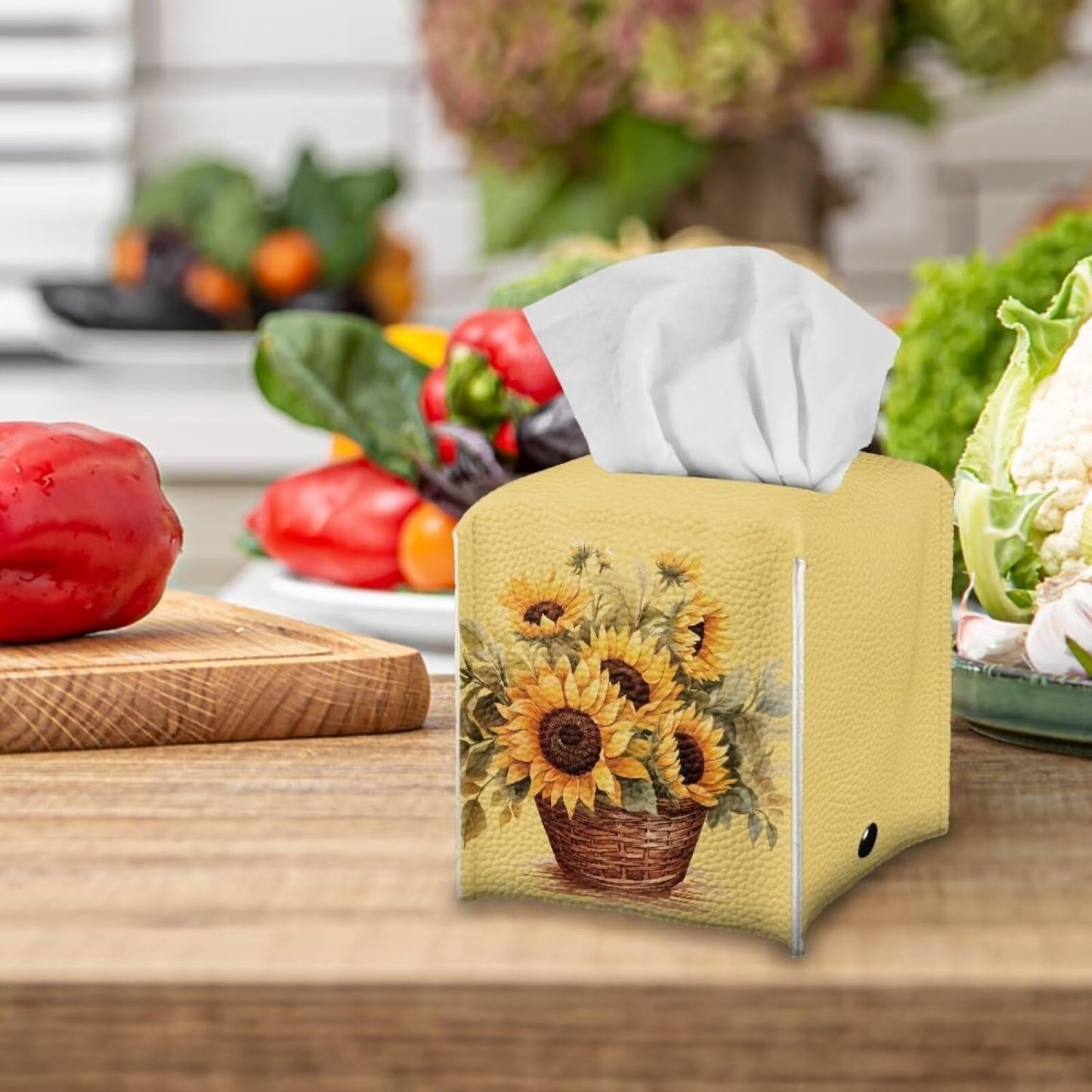 Sunflower Print Tissue Cover Novelty Case Box with Bottom Belt Tissue Box Holder Square Tissue Dispenser Box Novelty for Bathroom Office Parlor Yellow