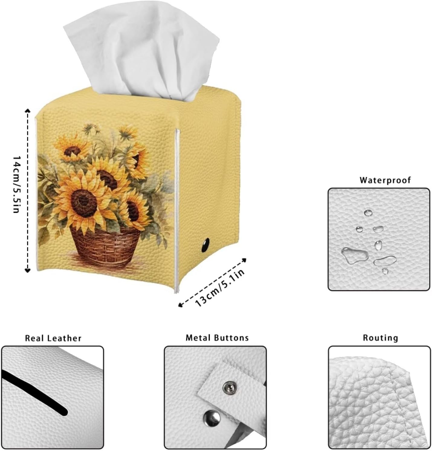 Sunflower Print Tissue Cover Novelty Case Box with Bottom Belt Tissue Box Holder Square Tissue Dispenser Box Novelty for Bathroom Office Parlor Yellow