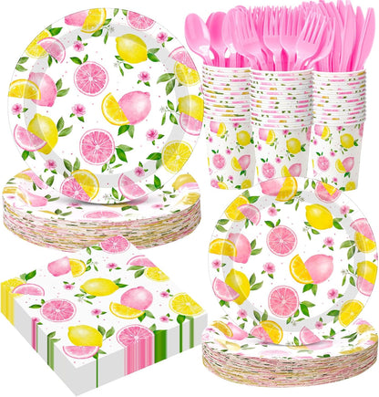 400 Pcs Pink Lemon Party Supplies for 50 Guests Summer Pink Lemon Birthday Paper Plates and Napkins Knives Spoon Fork Cup Set Cutlery for Lemonade Theme Birthday Summer Bridal Shower