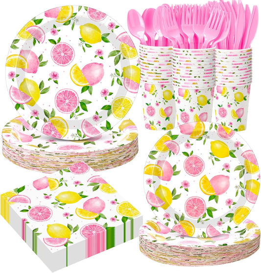 400 Pcs Pink Lemon Party Supplies for 50 Guests Summer Pink Lemon Birthday Paper Plates and Napkins Knives Spoon Fork Cup Set Cutlery for Lemonade Theme Birthday Summer Bridal Shower