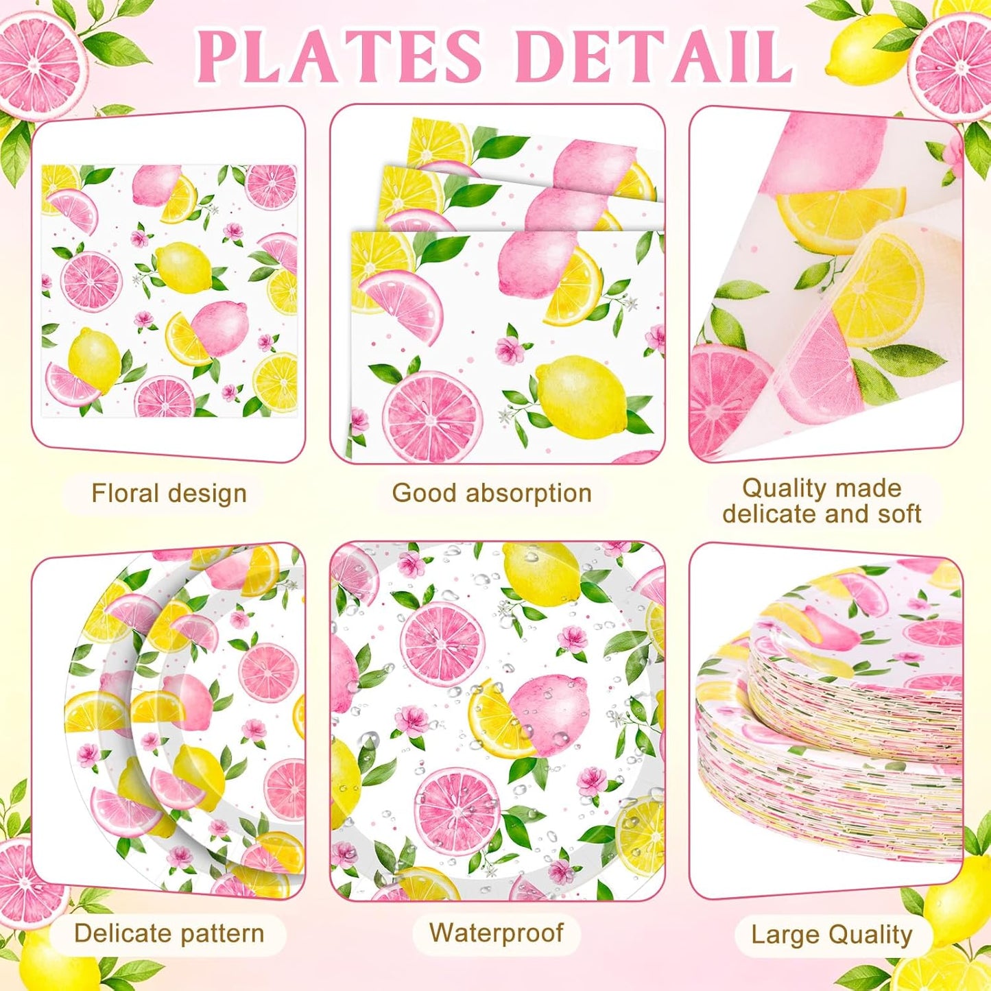 400 Pcs Pink Lemon Party Supplies for 50 Guests Summer Pink Lemon Birthday Paper Plates and Napkins Knives Spoon Fork Cup Set Cutlery for Lemonade Theme Birthday Summer Bridal Shower