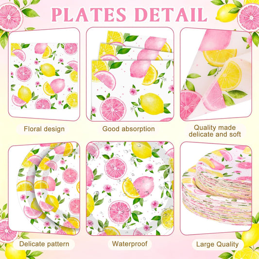 400 Pcs Pink Lemon Party Supplies for 50 Guests Summer Pink Lemon Birthday Paper Plates and Napkins Knives Spoon Fork Cup Set Cutlery for Lemonade Theme Birthday Summer Bridal Shower