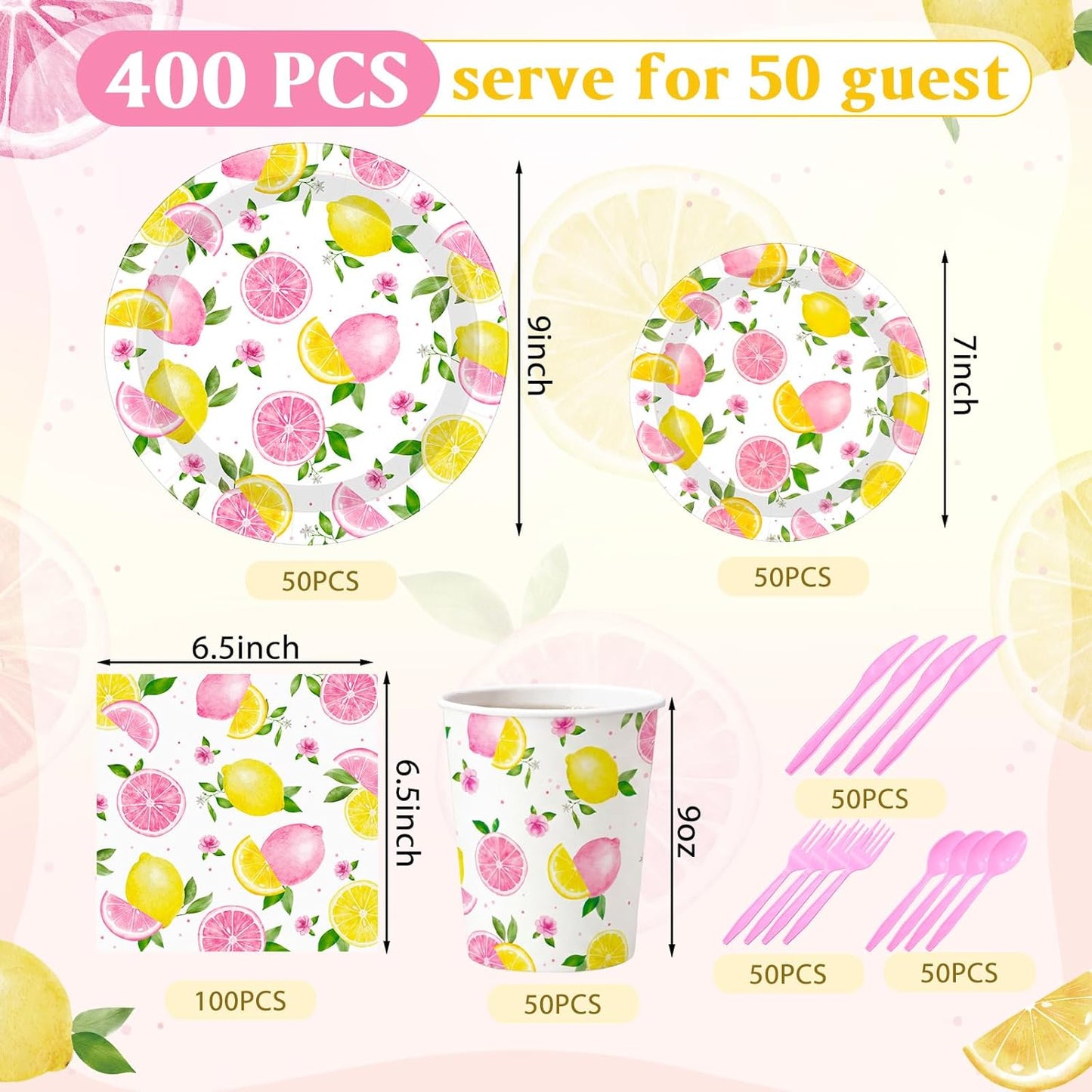 400 Pcs Pink Lemon Party Supplies for 50 Guests Summer Pink Lemon Birthday Paper Plates and Napkins Knives Spoon Fork Cup Set Cutlery for Lemonade Theme Birthday Summer Bridal Shower