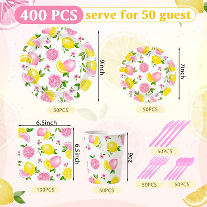 400 Pcs Pink Lemon Party Supplies for 50 Guests Summer Pink Lemon Birthday Paper Plates and Napkins Knives Spoon Fork Cup Set Cutlery for Lemonade Theme Birthday Summer Bridal Shower