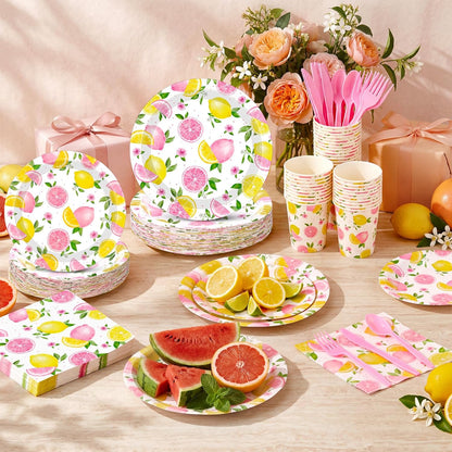 400 Pcs Pink Lemon Party Supplies for 50 Guests Summer Pink Lemon Birthday Paper Plates and Napkins Knives Spoon Fork Cup Set Cutlery for Lemonade Theme Birthday Summer Bridal Shower