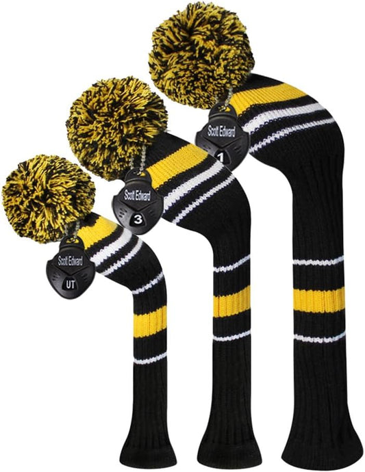Golf Club Cover with a Pom Pom Set of 3 Fits Well Driver(460cc) Fairway Wood and Hybrid(UT) with Rotating Club Number Tags for Male/Female Golfers