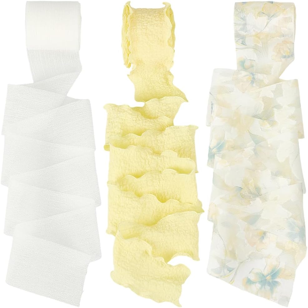 3 Rolls 3 Style 15.94 Yards Yellow Double Sided Ruffled Trim White Polyester Fabric Chiffon Silk Ribbon Spring Floral Print Organza Ribbons for Sewing Making Gift Party Decor Crafts Supply