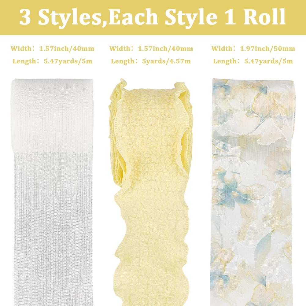 3 Rolls 3 Style 15.94 Yards Yellow Double Sided Ruffled Trim White Polyester Fabric Chiffon Silk Ribbon Spring Floral Print Organza Ribbons for Sewing Making Gift Party Decor Crafts Supply