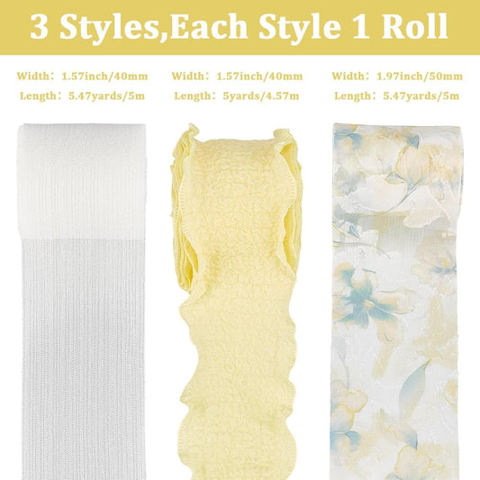 3 Rolls 3 Style 15.94 Yards Yellow Double Sided Ruffled Trim White Polyester Fabric Chiffon Silk Ribbon Spring Floral Print Organza Ribbons for Sewing Making Gift Party Decor Crafts Supply
