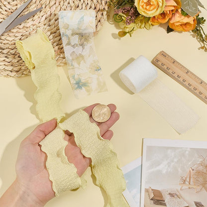 3 Rolls 3 Style 15.94 Yards Yellow Double Sided Ruffled Trim White Polyester Fabric Chiffon Silk Ribbon Spring Floral Print Organza Ribbons for Sewing Making Gift Party Decor Crafts Supply
