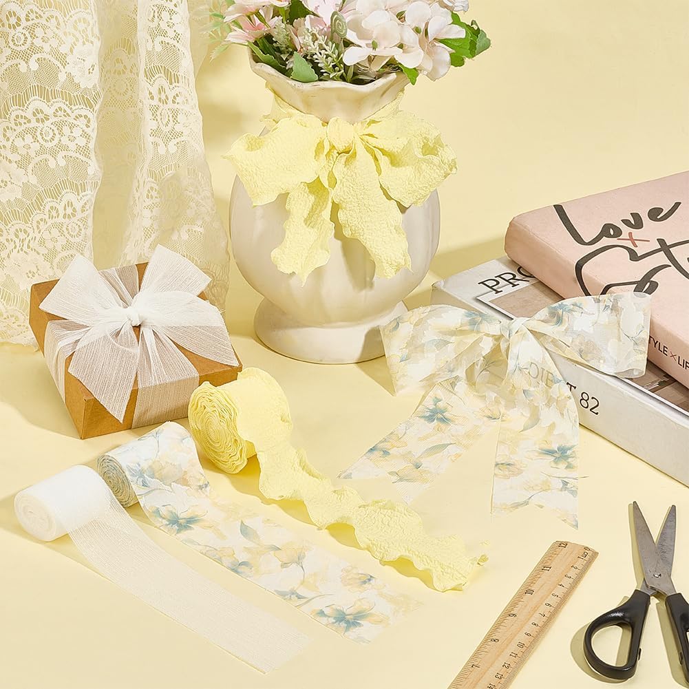 3 Rolls 3 Style 15.94 Yards Yellow Double Sided Ruffled Trim White Polyester Fabric Chiffon Silk Ribbon Spring Floral Print Organza Ribbons for Sewing Making Gift Party Decor Crafts Supply