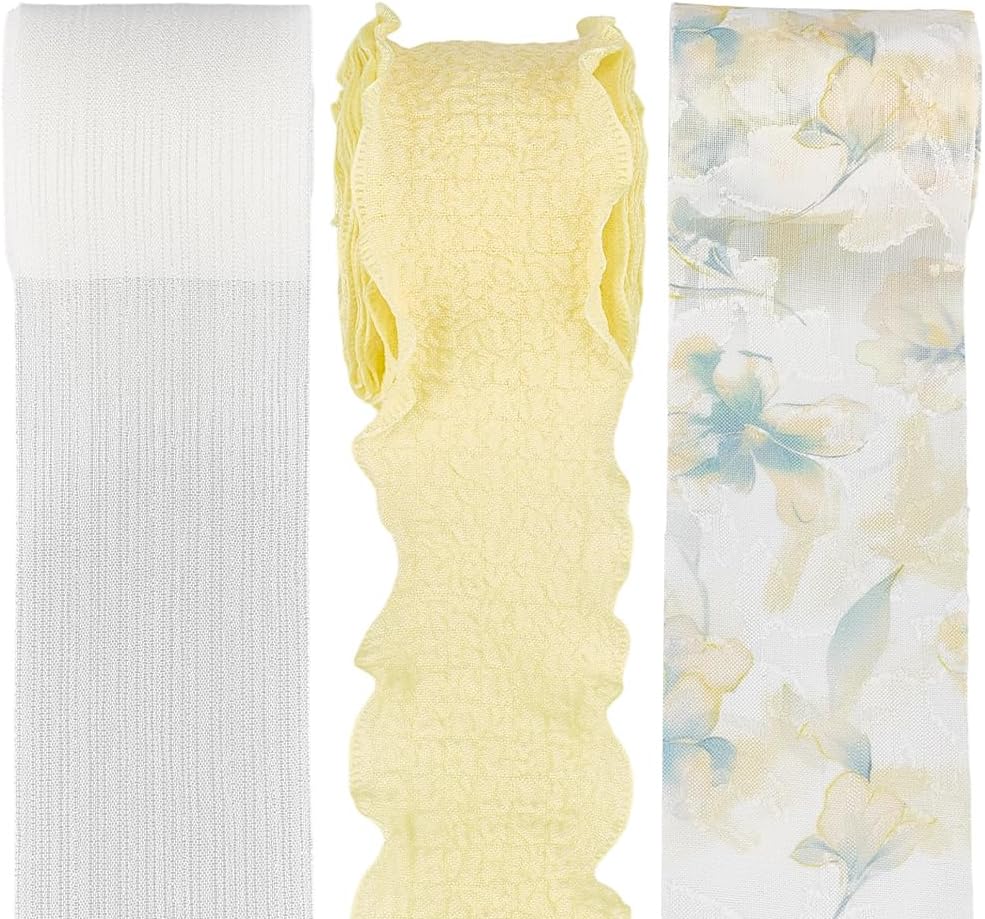 3 Rolls 3 Style 15.94 Yards Yellow Double Sided Ruffled Trim White Polyester Fabric Chiffon Silk Ribbon Spring Floral Print Organza Ribbons for Sewing Making Gift Party Decor Crafts Supply
