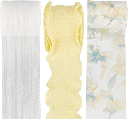 3 Rolls 3 Style 15.94 Yards Yellow Double Sided Ruffled Trim White Polyester Fabric Chiffon Silk Ribbon Spring Floral Print Organza Ribbons for Sewing Making Gift Party Decor Crafts Supply