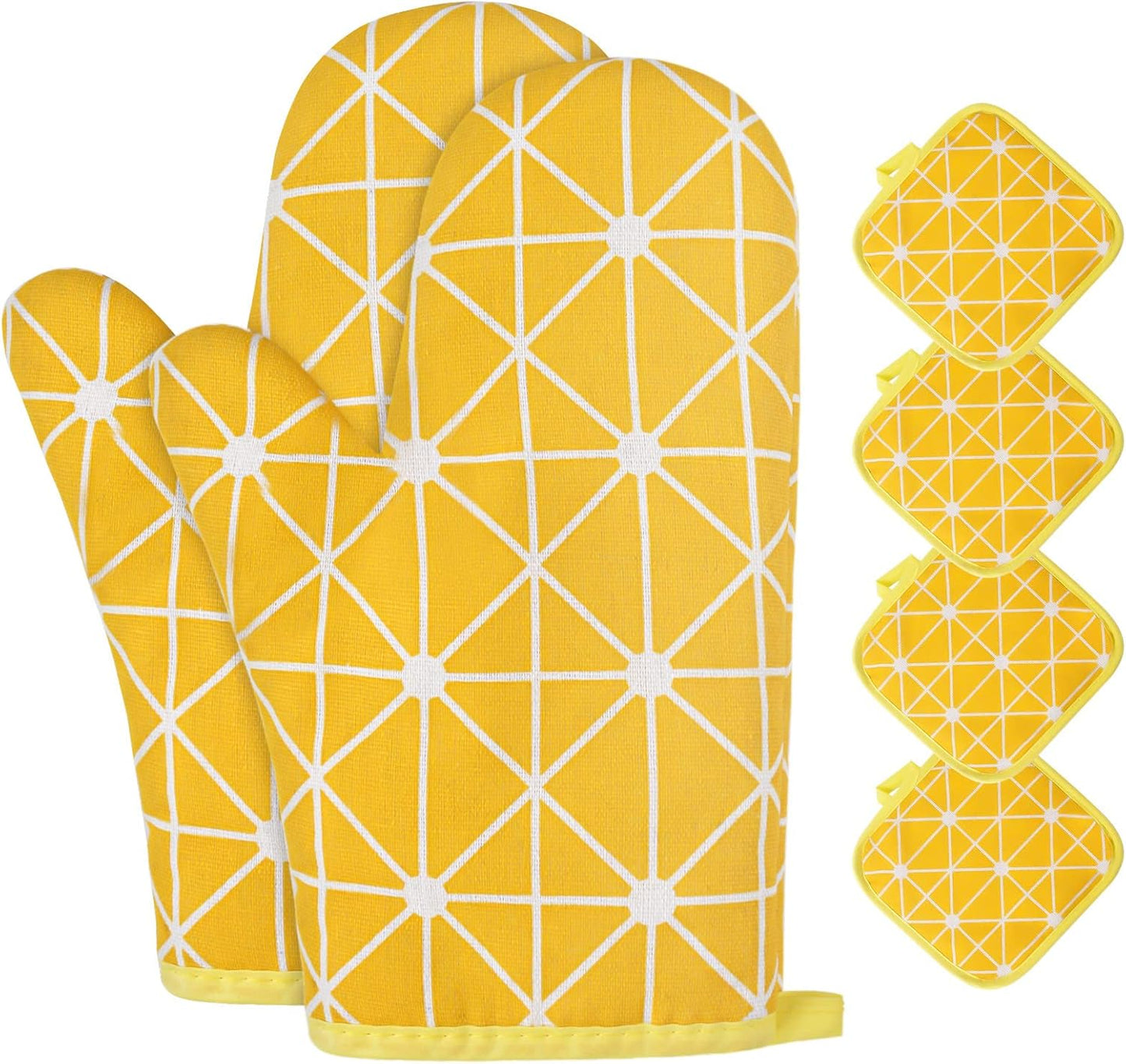 Oven Mitts and Potholders BBQ Gloves-Oven Mitts and Pot Holders with Recycled Infill Silicone Non-Slip Cooking Gloves for Cooking Baking Grilling (6-Piece Set,Yellow)