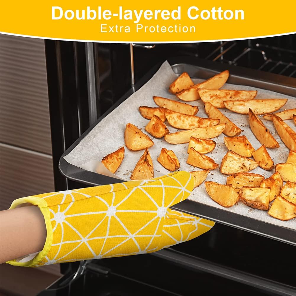 Oven Mitts and Potholders BBQ Gloves-Oven Mitts and Pot Holders with Recycled Infill Silicone Non-Slip Cooking Gloves for Cooking Baking Grilling (6-Piece Set,Yellow)