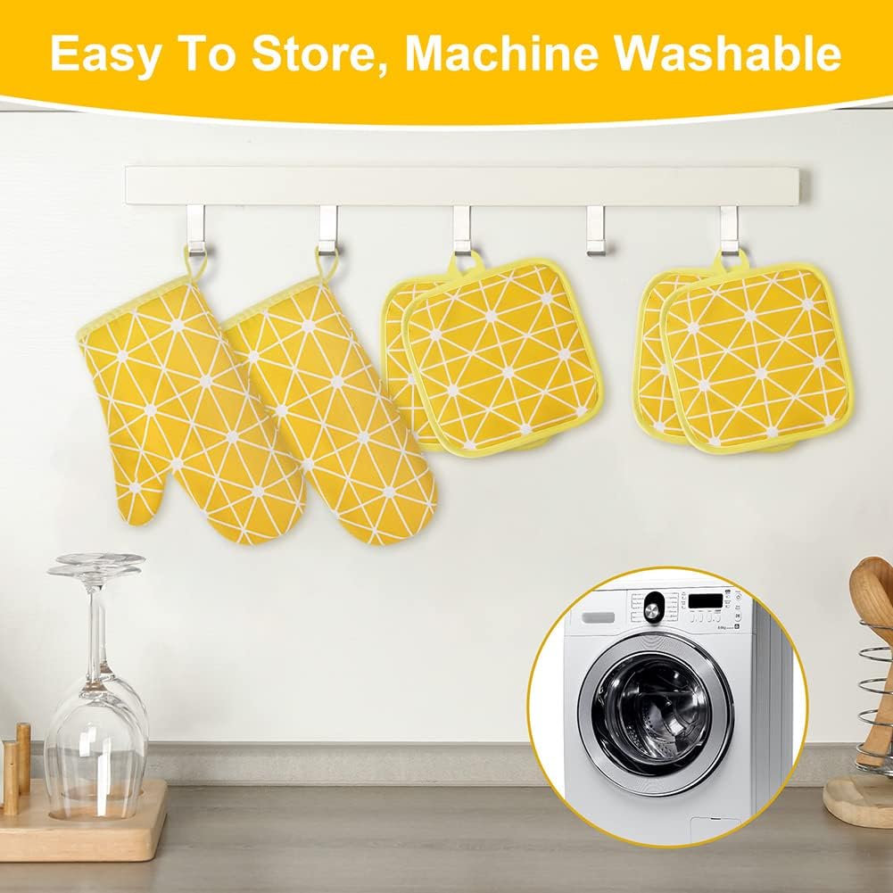 Oven Mitts and Potholders BBQ Gloves-Oven Mitts and Pot Holders with Recycled Infill Silicone Non-Slip Cooking Gloves for Cooking Baking Grilling (6-Piece Set,Yellow)