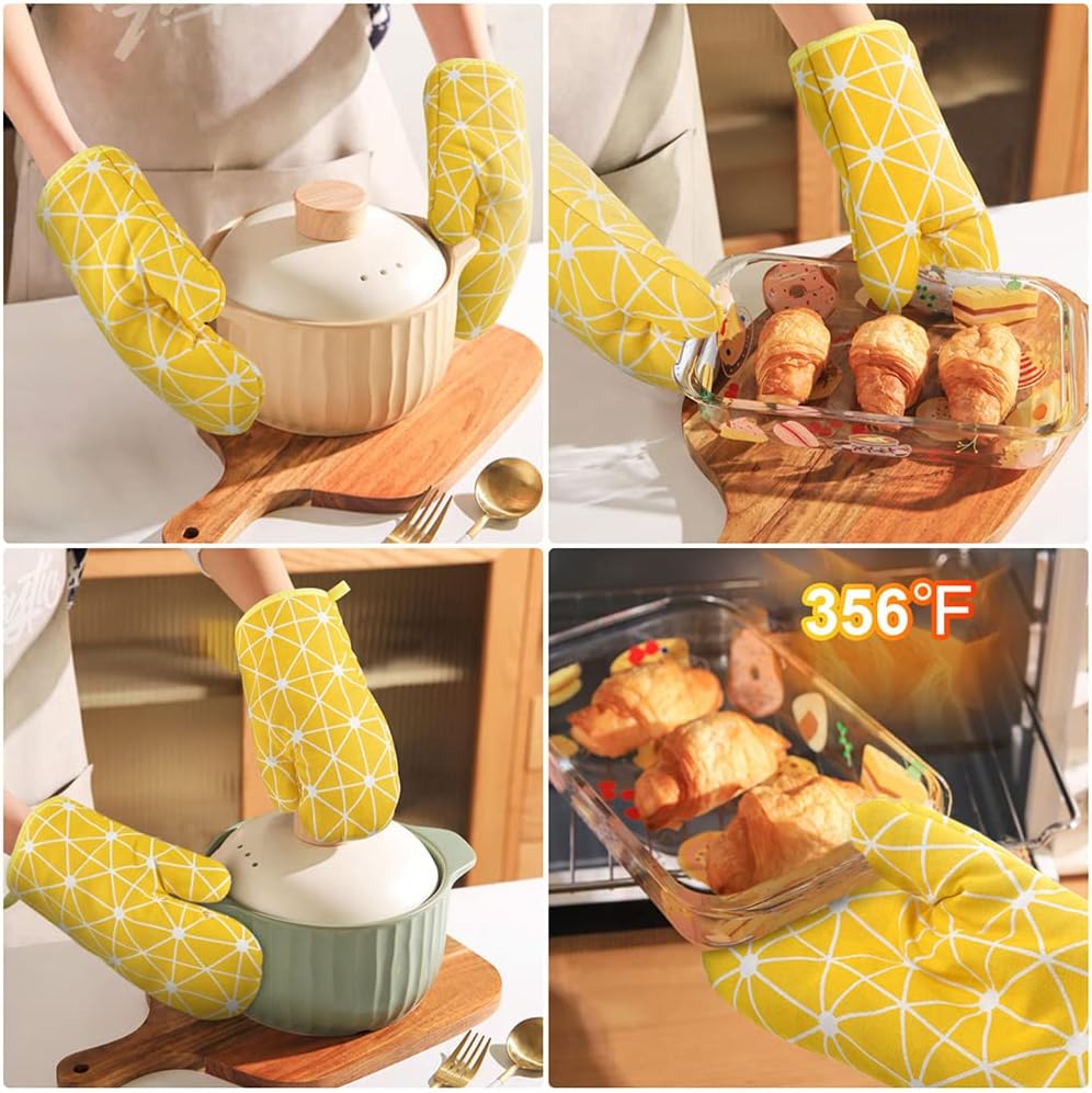 Oven Mitts and Potholders BBQ Gloves-Oven Mitts and Pot Holders with Recycled Infill Silicone Non-Slip Cooking Gloves for Cooking Baking Grilling (6-Piece Set,Yellow)