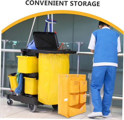 Waterproof Janitorial Cleaning Cart Bag with 5 Pockets, Sturdy Canvas Storage Bag for Housekeeping and Trash Collection, Yellow Cleaning Trolley Pouch for Janitorial Supplies