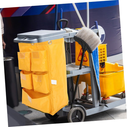 Waterproof Janitorial Cleaning Cart Bag with 5 Pockets, Sturdy Canvas Storage Bag for Housekeeping and Trash Collection, Yellow Cleaning Trolley Pouch for Janitorial Supplies