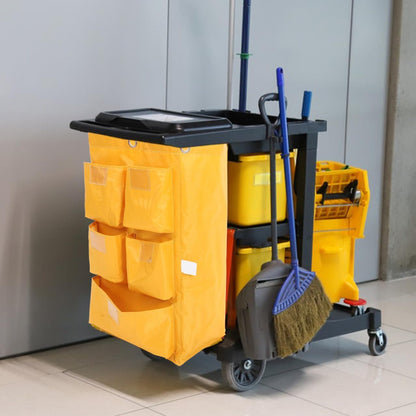 Waterproof Janitorial Cleaning Cart Bag with 5 Pockets, Sturdy Canvas Storage Bag for Housekeeping and Trash Collection, Yellow Cleaning Trolley Pouch for Janitorial Supplies