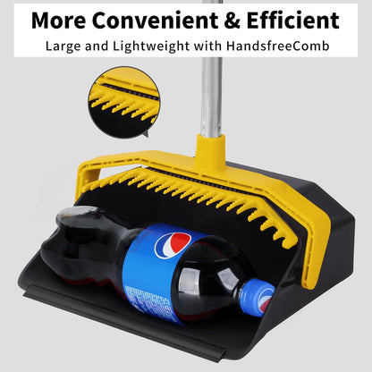 Broom with Dustpan Combo Set, Brooms and Dustpans Sets with 51'' Long Handle, Large Dust Pan and Broom, Self-Cleaning Dustpan Teeth for Lobby Kitchen Office - Black and Yellow